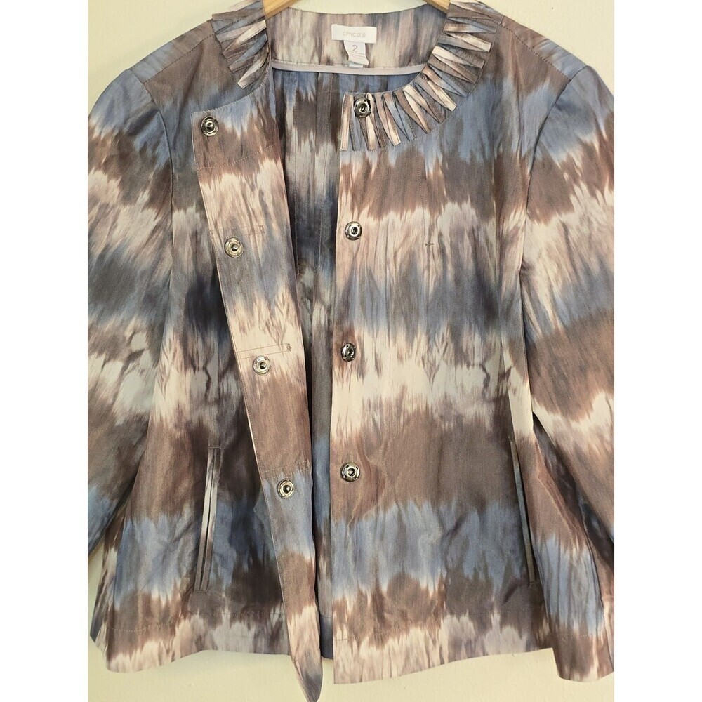 Chico’s Tie Dye Jacket Womens Size 2 L Blue Brown Cropped Snap Front Lightweight - Picture 8 of 11
